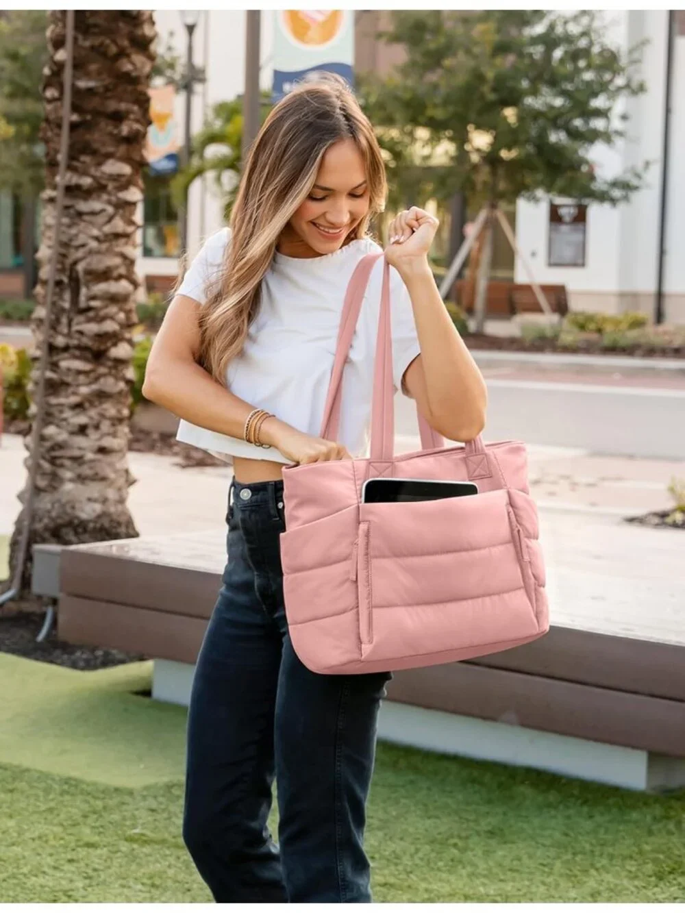 👜Women's Coral Pink Quilted Puffer Tote Bag Zipper Work Bag With Compartments